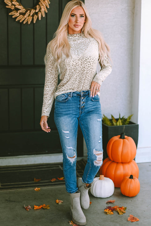 Leopard Frill High Neck Shiny Long Sleeve Top